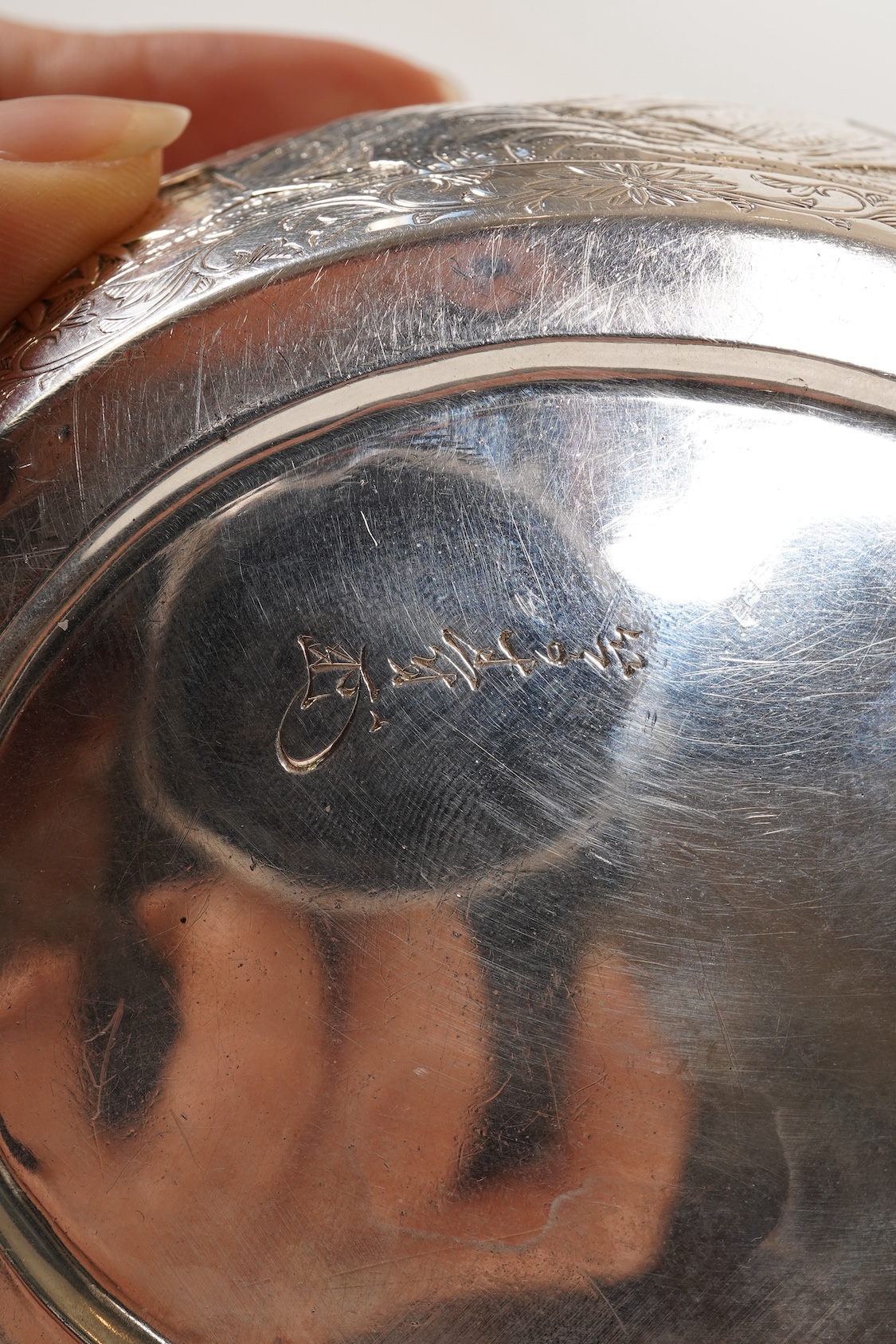 A Japanese Meiji period white metal tea caddy and cover with fluted knop, signed